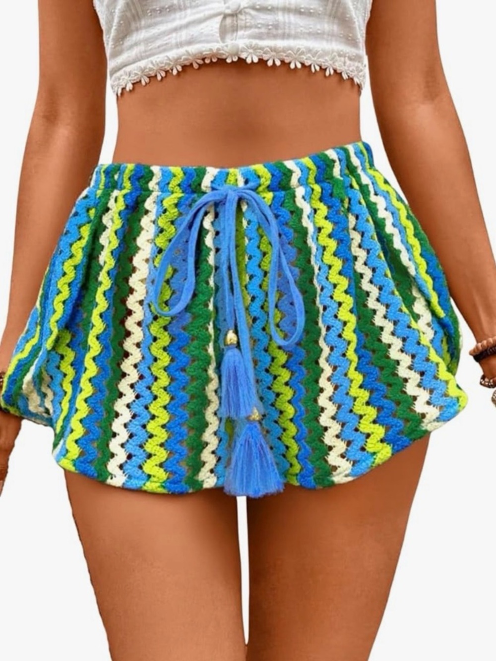 Striped Crochet Drawstring Women’s Shorts - Blue & Green